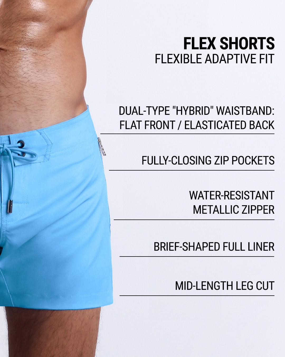 DC2’s Flex Shorts feature a dual-type “hybrid” waistband, fully-closing zip pockets, water-resistant metallic zipper, full liner, and mid-length leg cut for an adaptive, flexible fit.