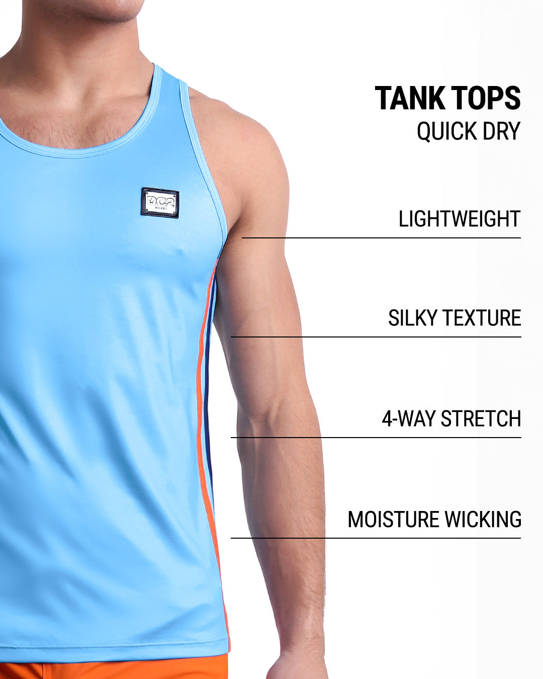 An infographic explaining the features of the lightweight, silky texture, 4-way stretch, and moisture-wicking material of the DC2 fitness tank top.