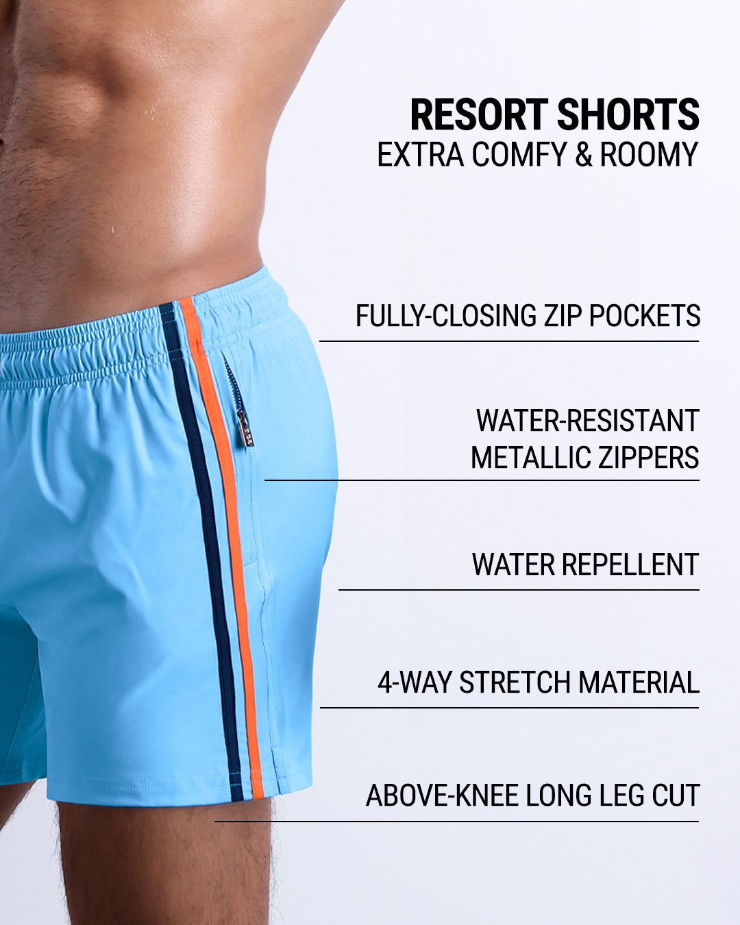 DC2’s Resort Shorts are designed to be comfortable and roomy, with fully-closing zip pockets and water-resistant metal zippers. They have 4-way stretch, water-repellent material, and are cut above the knee.