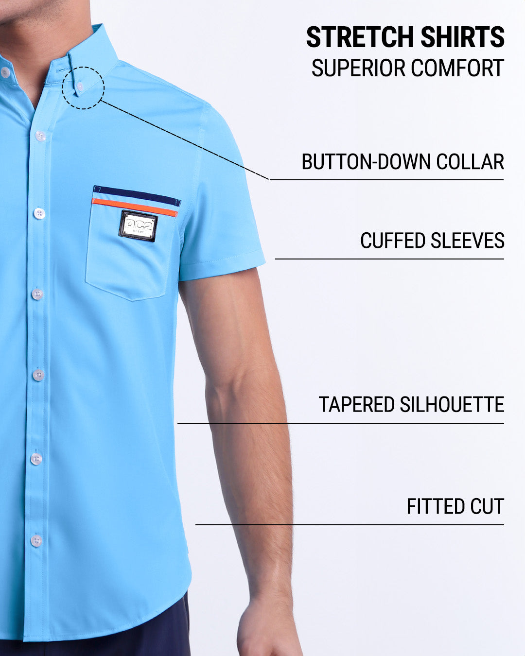 Infographic displaying the contemporary fit of DC2 men's sleeveless Hawaiian Stretch Shirt. This button up shirt features a button-down collar, cuffed sleeves, tapered silhouette, and a fitted cut. 