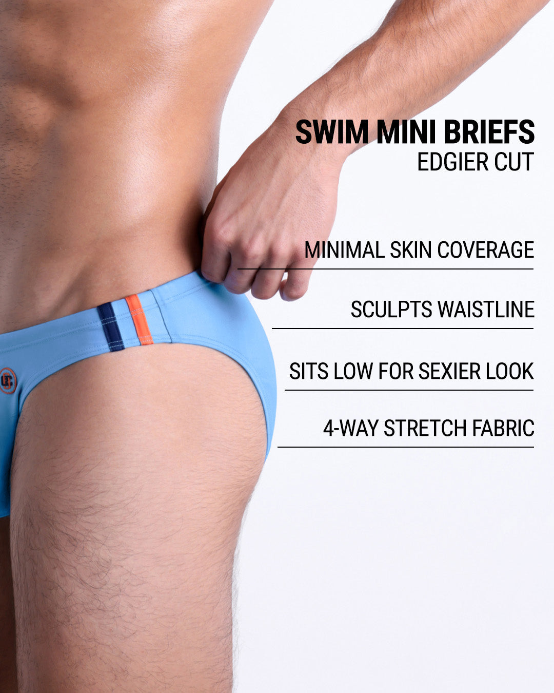 Infographic explaining the edgier cut of the Swim Mini Briefs. Features sculpt waitline, 4-way stretch fabric, sits low for sexier look, and has quick-dry material.