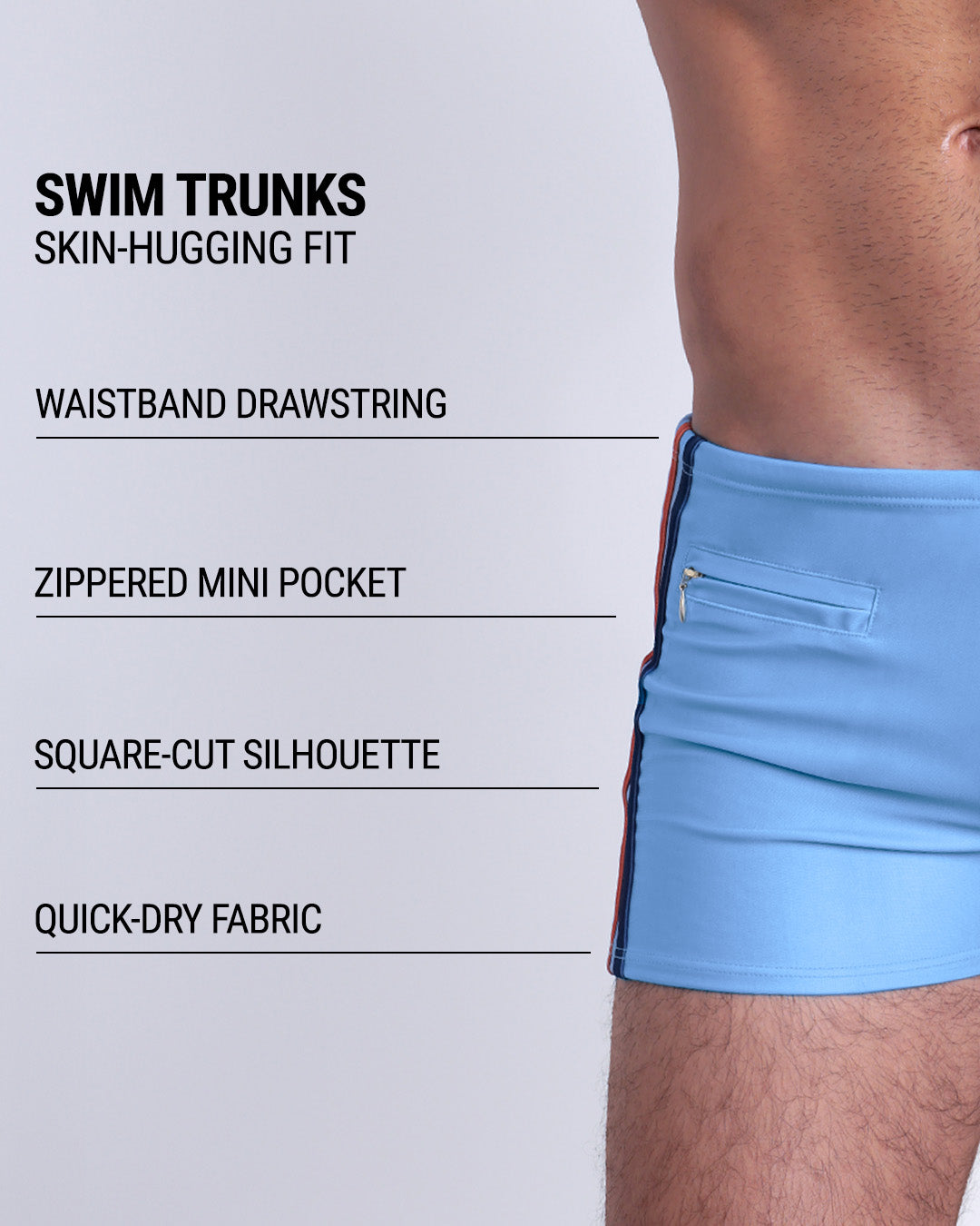 Infographic explaining the Swim Trunks swimming shorts by DC2. These Swim Trunks have a skin-hugging fit, have separate waistband construction, zippered mini pocket, square-cut form-fitting silhouette and quick-dry fabric.