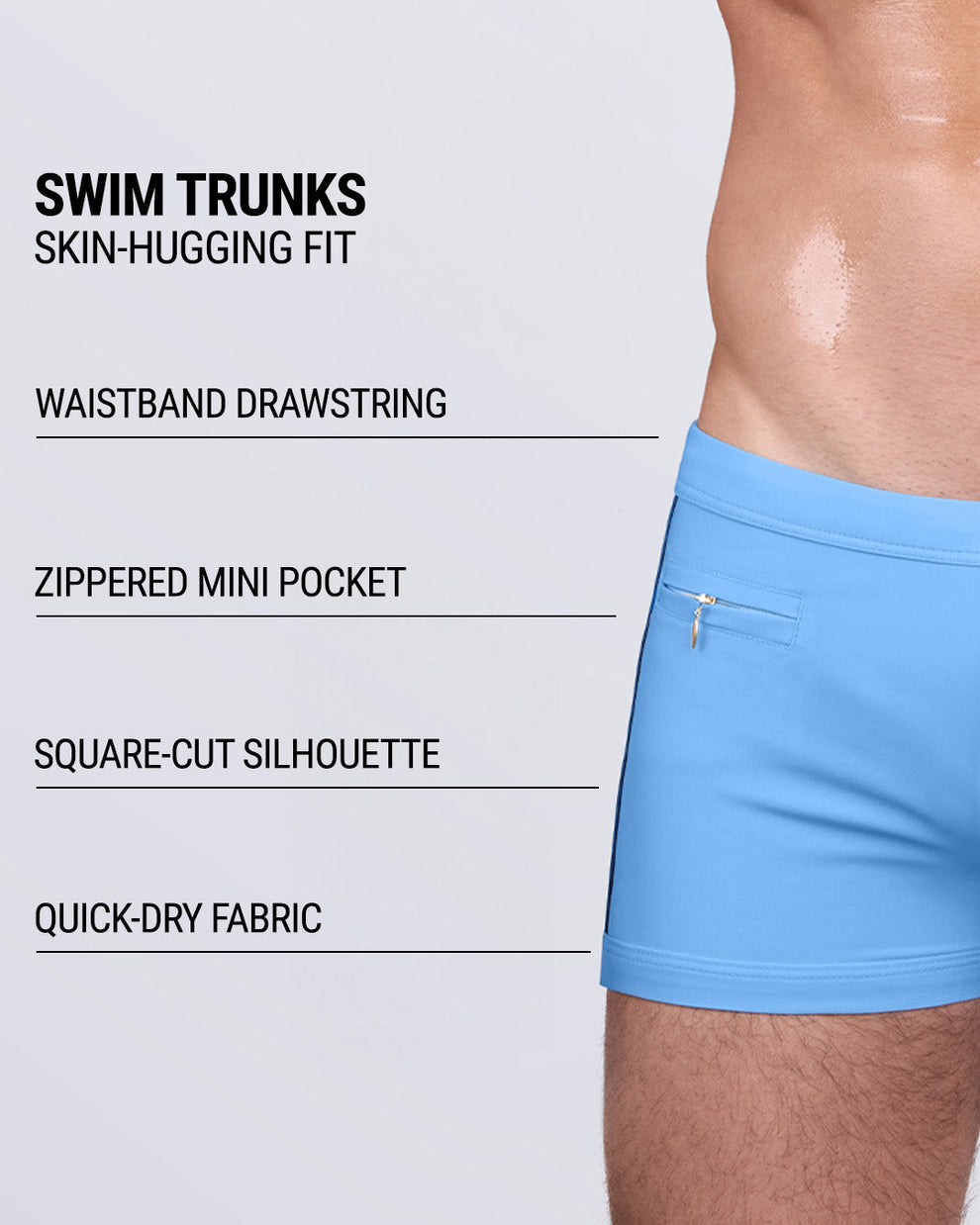 Product details graphic of COASTAL BLUE Swim Trunks — showcasing waistband drawstring, zippered mini pocket, and quick-dry fabric.