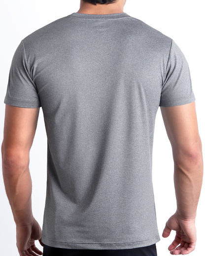 Back view of the COMPOUND GREY men's fitness shirt in a light silver gray color. These premium quality quick-dry t-shirts are DC2 by BANG! Clothes, a men’s beachwear brand from Miami.