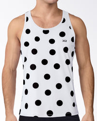 Connect The Dots Tank Top by DC2 Miami featuring oversized black polka dots on white performance fabric with a lightweight athletic fit.