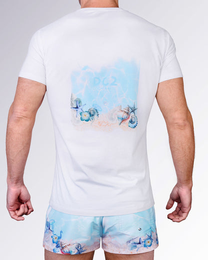 Full back view of the Coral Way Cotton Graphic T-Shirt by DC2 Miami with a large underwater graphic and matching printed Poolside Shorts.