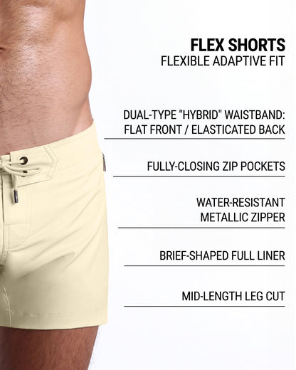 Infographic explaining the FLEX SHORTS innovative design. These shorts have dual-type "hybrid" waistband, deep zippered pockets, contoured fit, and mid-length leg cut.