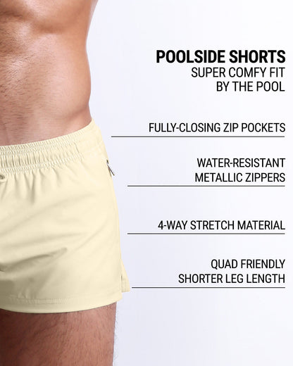 Infographic explaining  DC2's Poolside Shorts the "showiest" beach shorts. These shorts have drawstring fastening, deep slip pockets, 4-way stretch material, and quad friendly shorter leg length. 