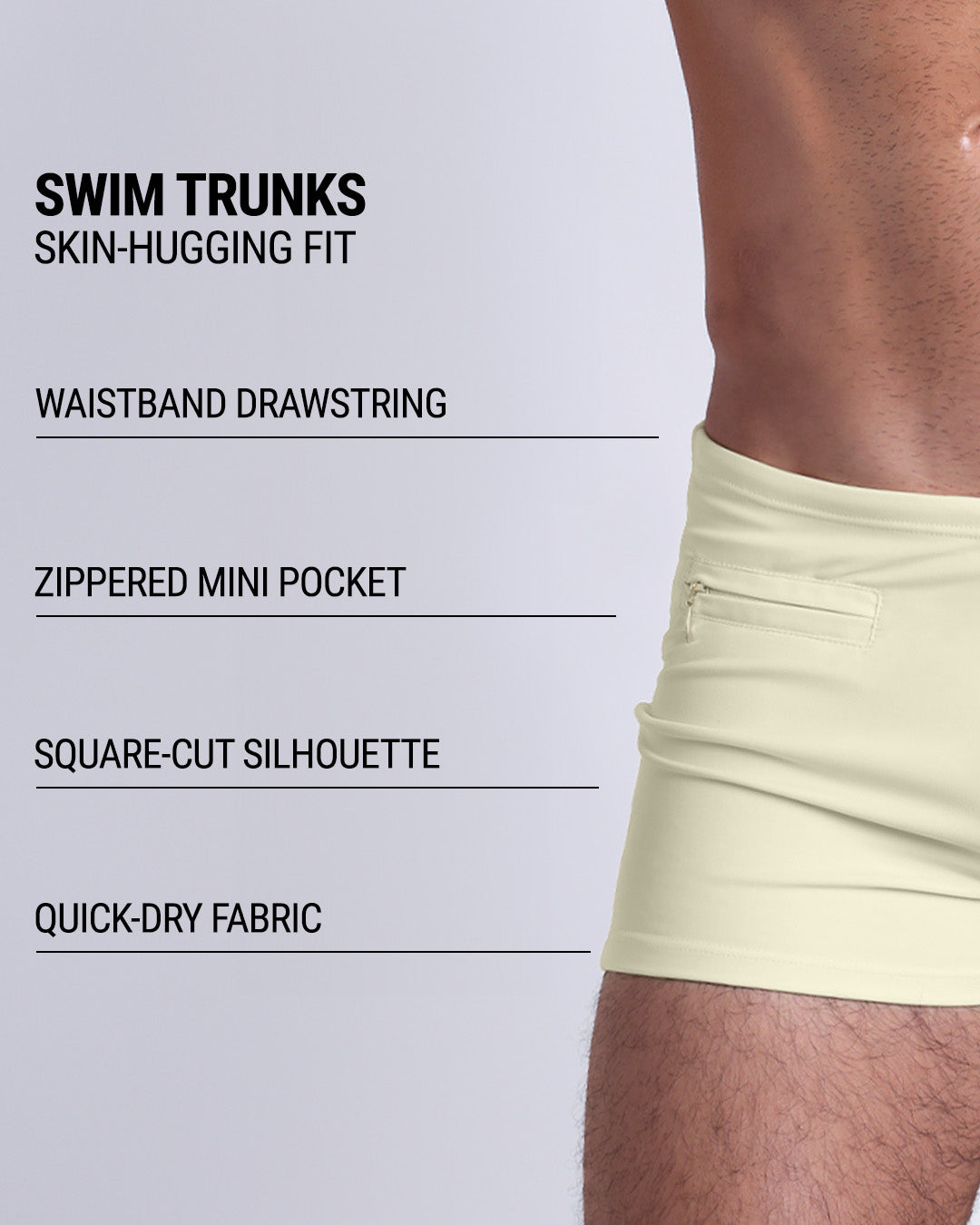 Infographic explaining the Swim Trunks swimming shorts by DC2. These Swim Trunks have a skin-hugging fit, have a waistband drawstring, zippered mini pocket, square-cut silhouette and quick-dry fabric.