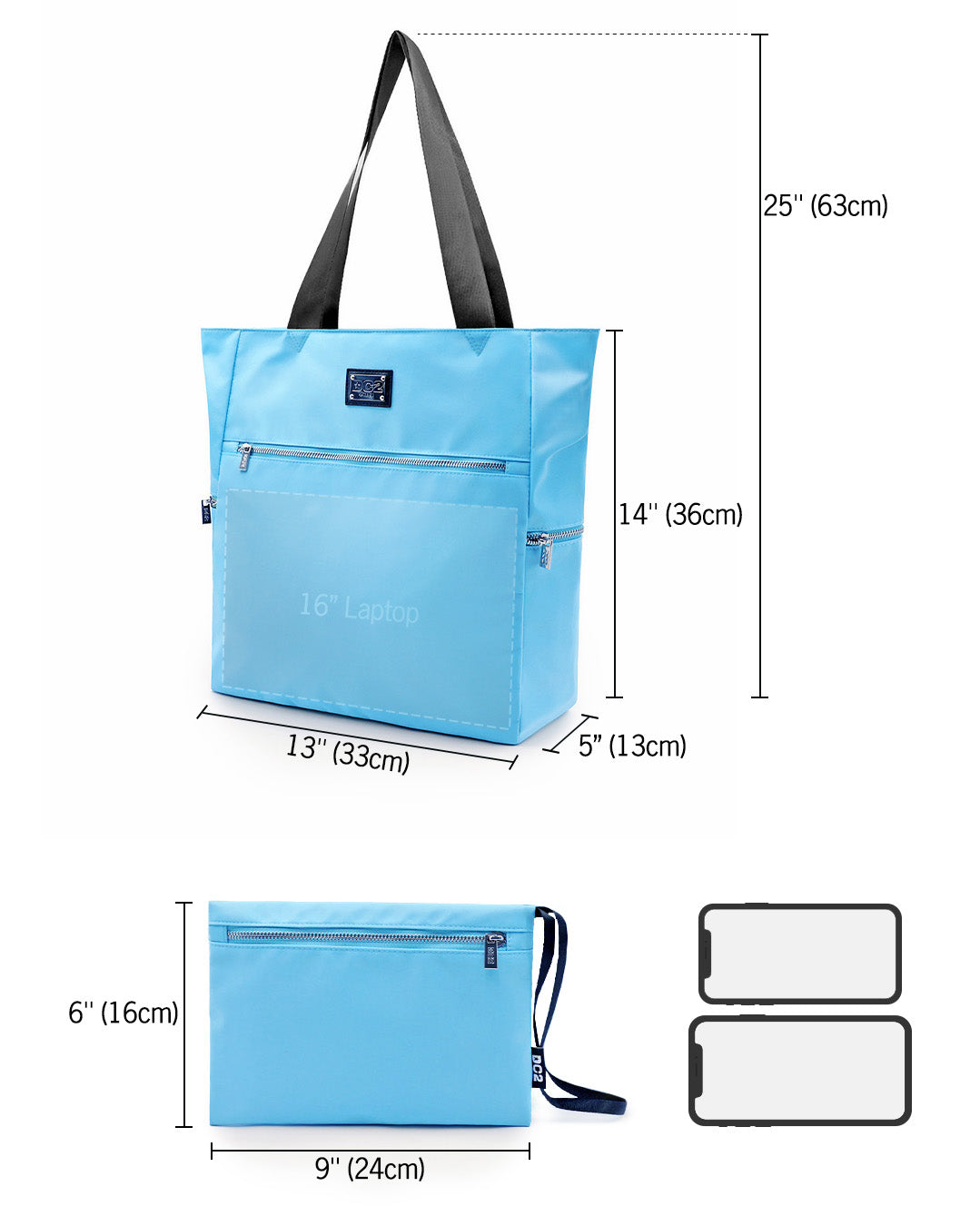 Sizing infographic for the COASTAL BLUE Poolside Tote Bag by DC2 Miami. The main tote bag measures 25 inches (63 cm) in height including straps, 14 inches (36 cm) in height without straps, and 5 inches (13 cm) in depth, accommodating a 16-inch laptop. The detachable pouch measures 9 inches (24 cm) in width and 6 inches (16 cm) in height.