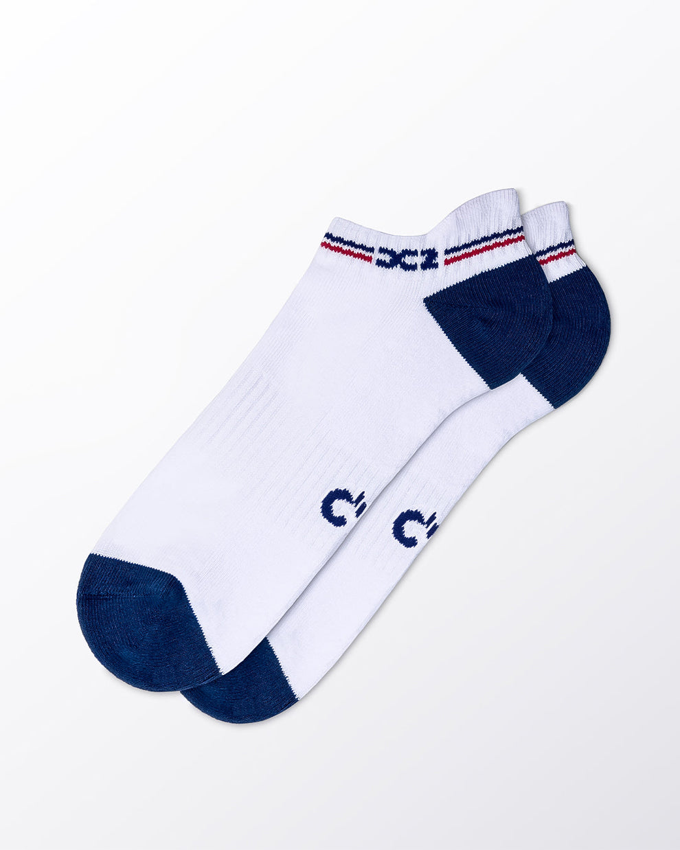 DC2 Daily Ribbed Ankle Socks (White) — pair of low-cut socks with navy toe and heel, red and navy striped cuff detail.