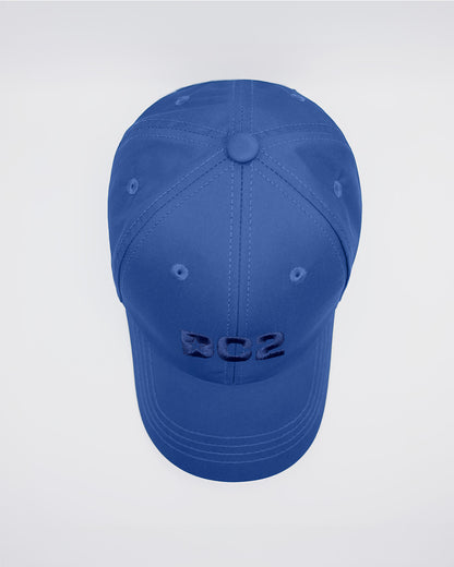 Overhead view of the DENIM BLUE Chillax Cap, highlighting the structured top panel with precise stitching and the subtle DC2 logo on the front. The cap is made from durable blue fabric with a smooth finish, designed to offer both style and comfort.