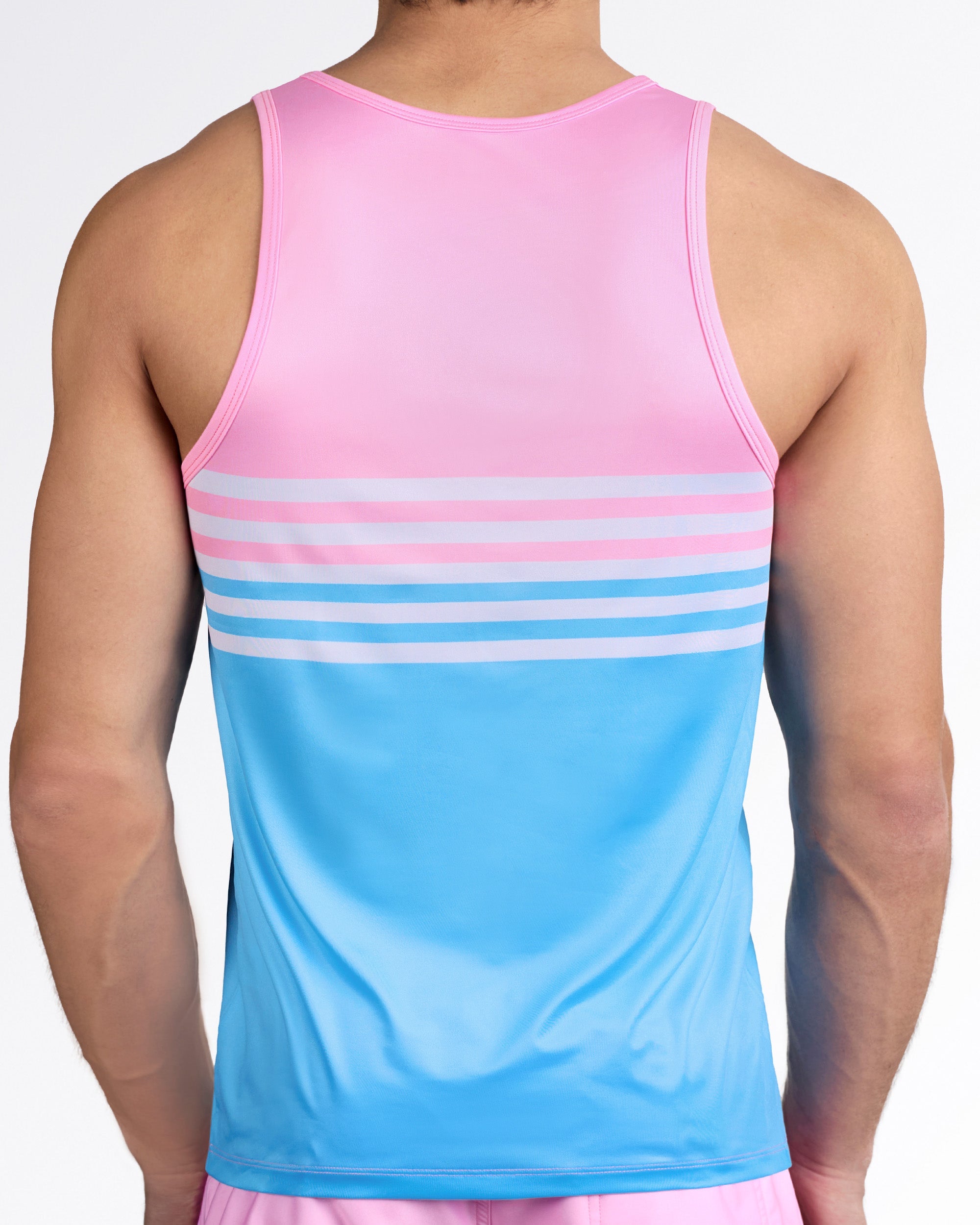 DC2 Equinox Pastels Gym Tank Top — back view highlighting soft ombré fade from blush pink to sky blue with athletic racerback cut.