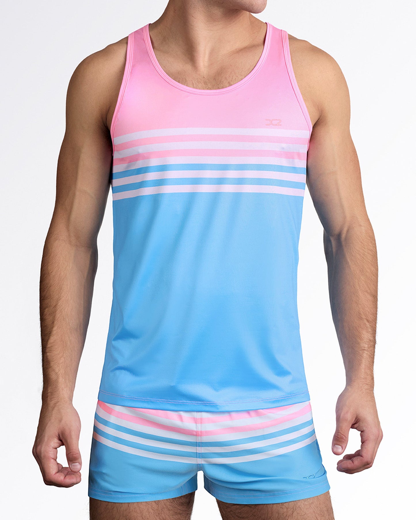 DC2 Equinox Pastels Tank Top — styled with matching pastel stripe shorts, featuring coordinated men’s summer beachwear set.