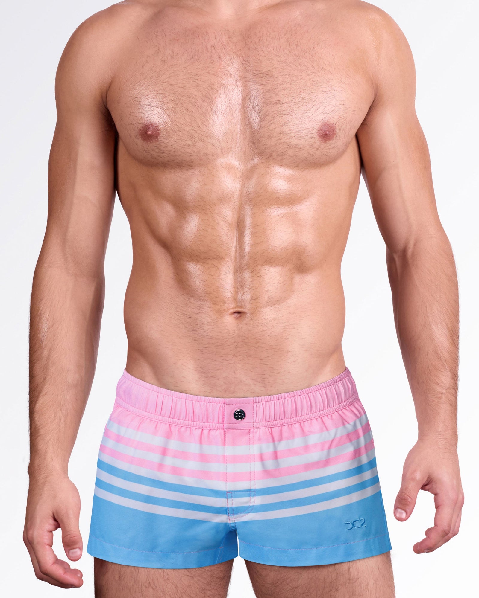 Equinoxe Pastels Mini Shorts by DC2 Miami featuring pink, white and sky-blue horizontal stripes in a retro-inspired men's swimming shorts silhouette.