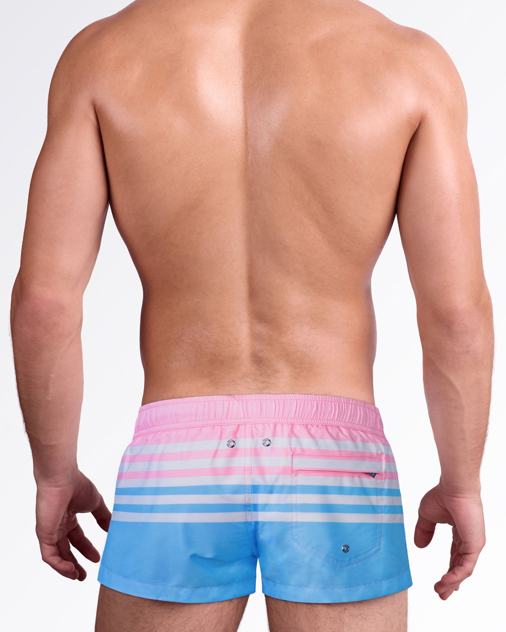 Back view of Equinoxe Pastels Mini Shorts by DC2 Miami with pastel stripe design, rear pocket detail and tailored mini short fit.