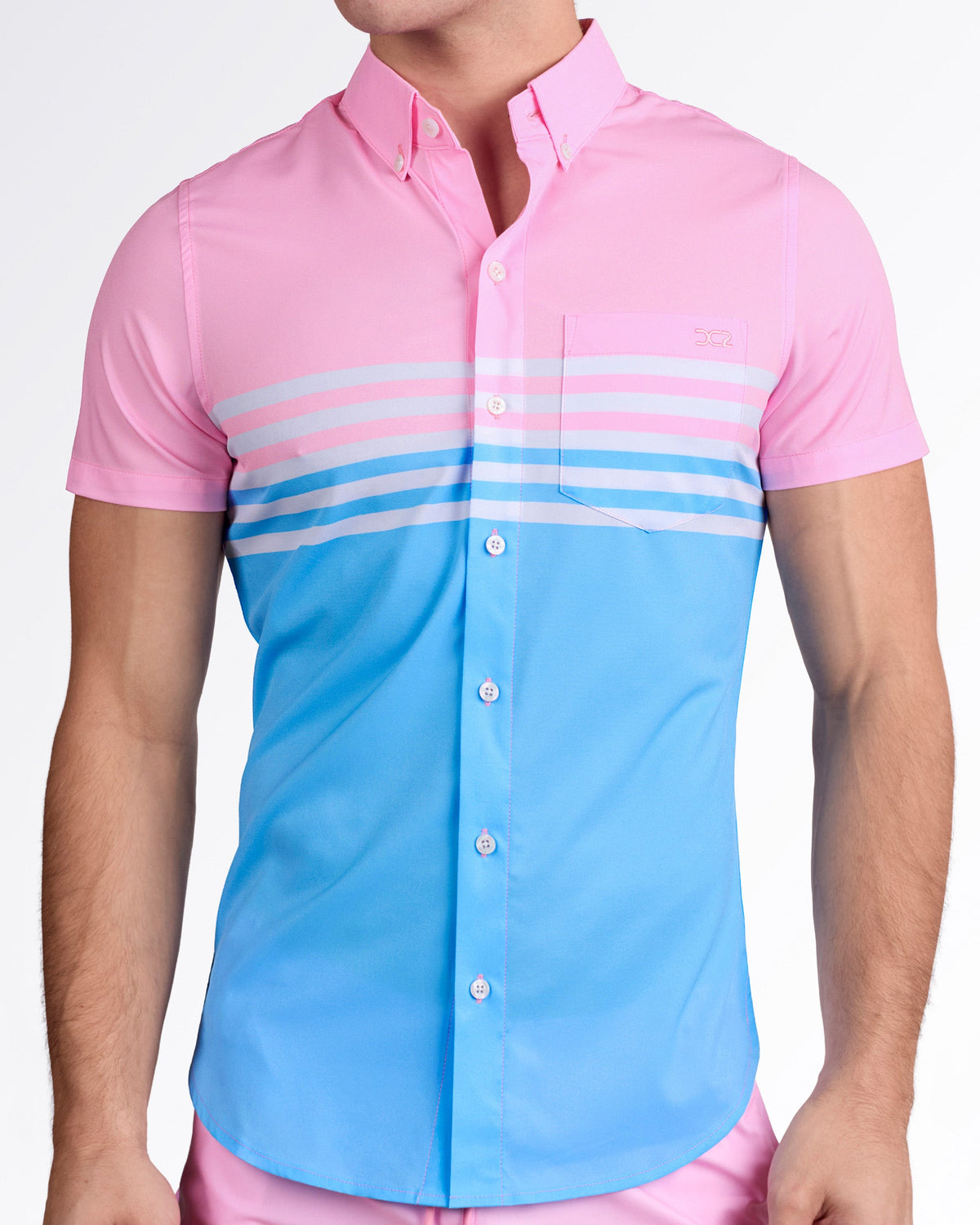 BANG! Equinoxe Pastels Stretch Shirt — model wearing short sleeve button-up shirt featuring pink-to-blue gradient with horizontal pastel stripes across the chest and a tailored fit.