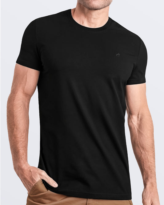 Frontal view of a male model wearing a black modal cotton t-shirt, crafted for stylish casual wear and beachwear by DC2 Miami. Premium quality men's streetwear t-shirt, perfect fit for summer fashion.