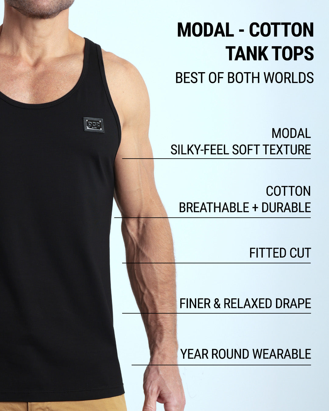 Infographic explaining the features of DC2 Miami's Modal Cotton Tank Tops. Highlights include a silky-feel soft texture from modal, breathable, and durable cotton, a fitted cut for a sleek look, a finer and relaxed drape, and versatility as a year-round wearable piece. The tank top combines the best of both worlds for comfort and style, ideal for gym wear and casual outfits.