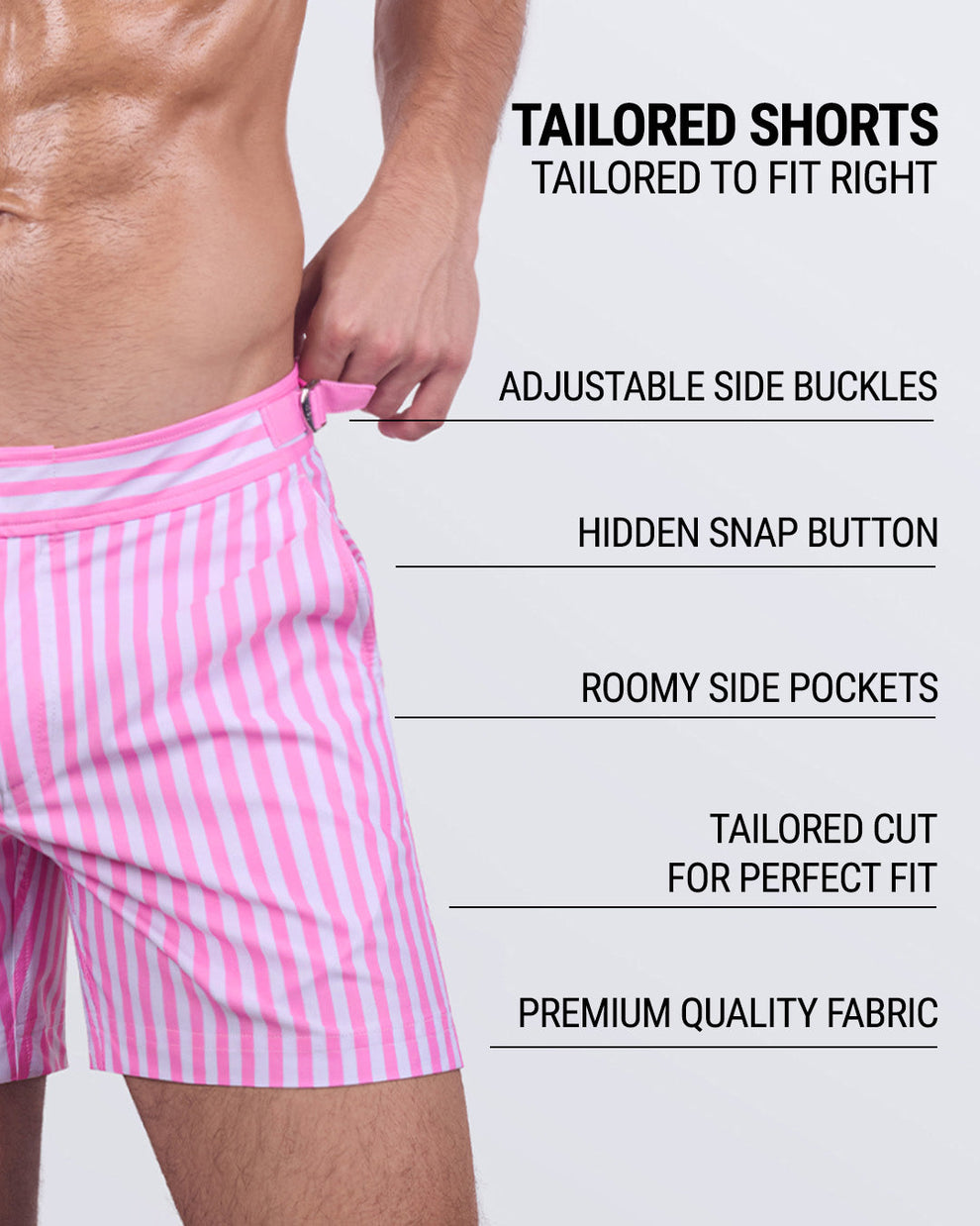 FAST LINES (CHILL PINK) - Men's designer swim shorts in a tailored cut with roomy side pockets, quick-dry premium fabric, and a hidden snap button. A must-have for modern men’s resort wear, high-end swimwear, and vacation essentials.