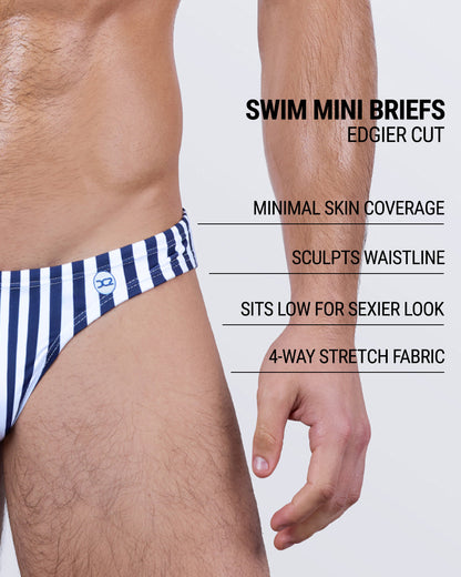 Infographic explaining the edgier cut of the Swim Mini Briefs. Features sculpt waistline, 4-way stretch fabric, sits low for sexier look, and has quick-dry material.