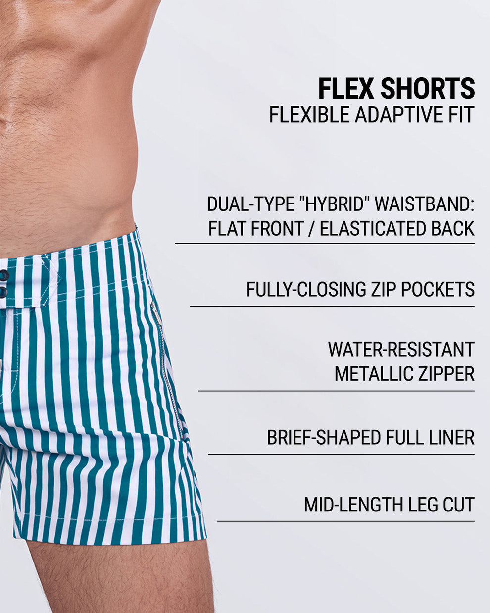 Close-up highlighting key features: dual-type hybrid waistband (flat front with elasticated back), fully-closing zip pockets, water-resistant metallic zippers, and a brief-shaped full liner for maximum support and performance.