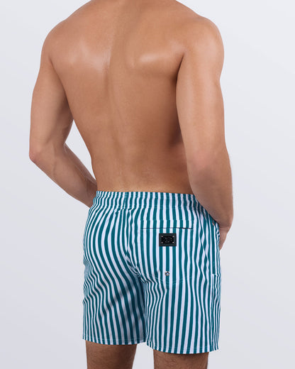 Back view of FAST LINES (PACIFIC GREEN) Resort Shorts, showcasing a zippered back pocket with a branded DC2 Miami logo patch. Designed for comfort with a water-repellent finish and metallic zippers for secure storage.