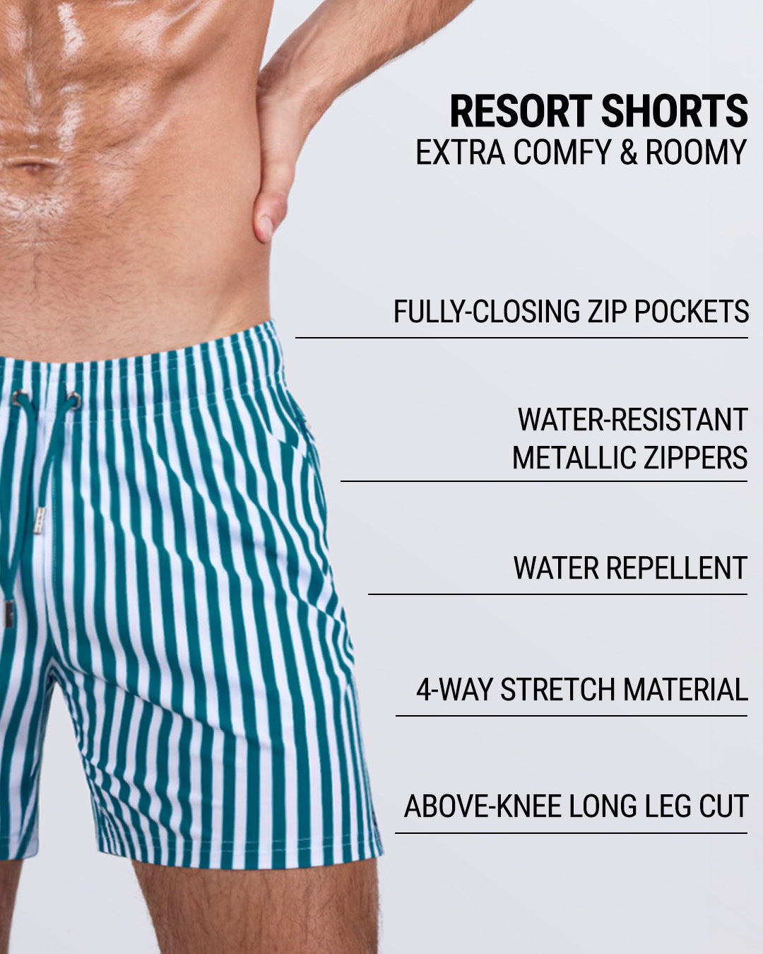 Detailed close-up of FAST LINES (PACIFIC GREEN) Resort Shorts by DC2 Miami, highlighting key features: roomy above-knee cut, fully-closing zip pockets, water-resistant metallic zippers, water-repellent material, and four-way stretch fabric for ultimate flexibility.