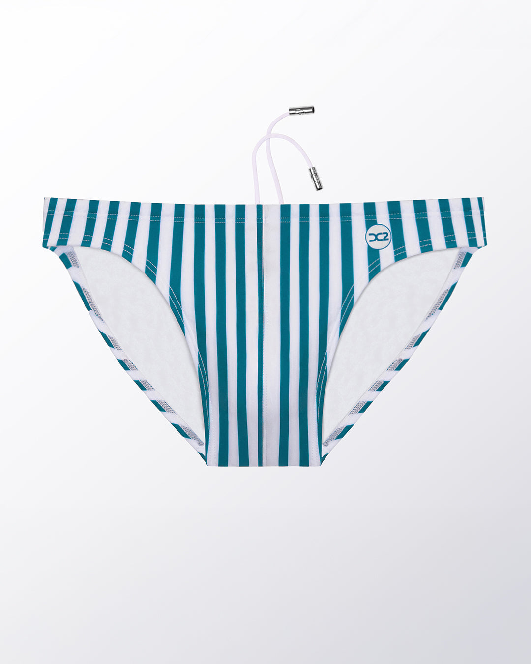 Ghost flat lay of the Fast Lines (Pacific Green) Swim Mini Brief, highlighting the crisp stripe pattern, contoured front, and minimal coverage fit.