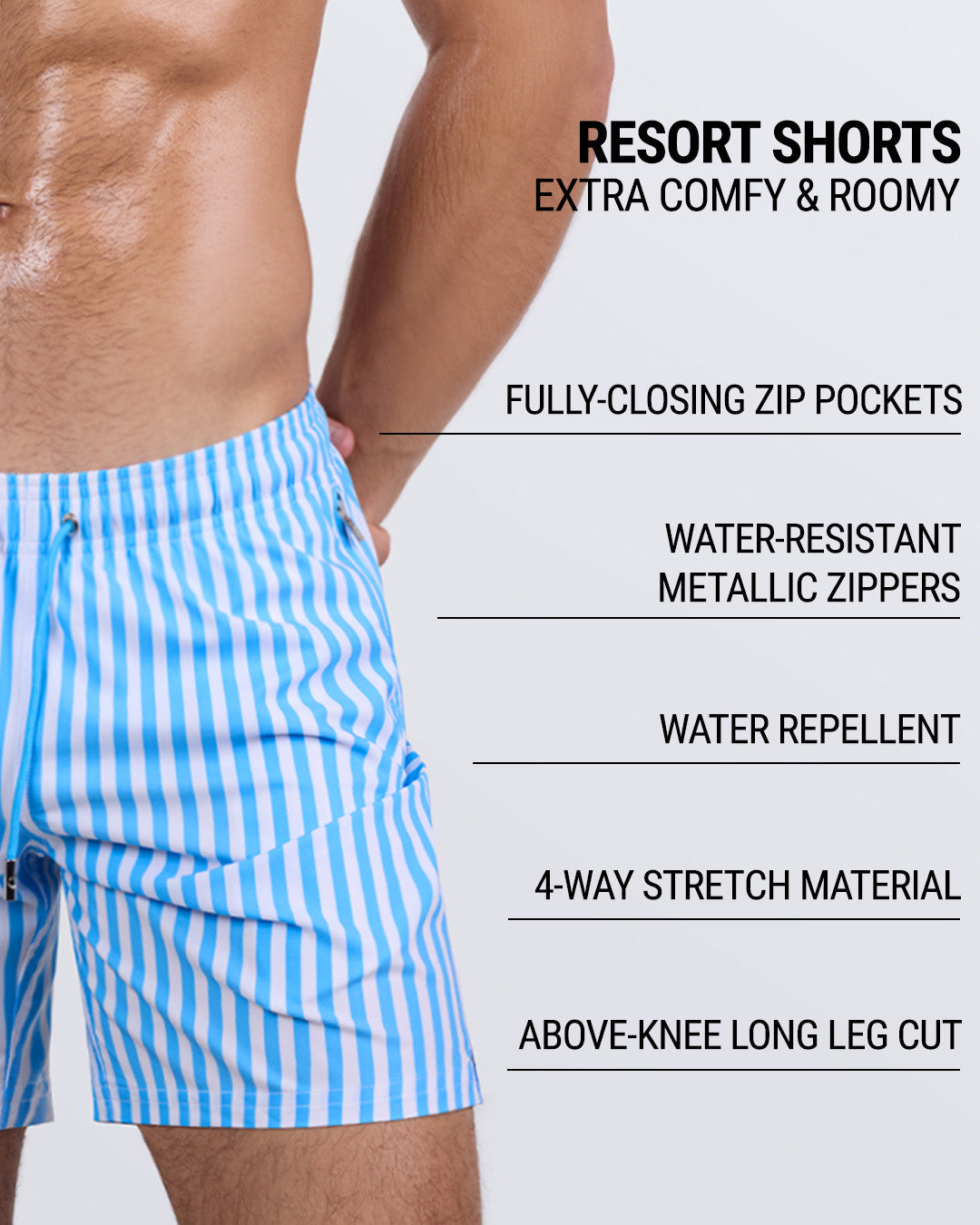 Detailed close-up of the FAST LINES (SKY BLUE) Resort Shorts by DC2 Miami, highlighting key features: roomy, above-the-knee leg cut, elastic waistband with an adjustable drawstring, fully-closing zip pockets, water-repellent fabric, metallic water-resistant zippers, and premium four-way stretch material.