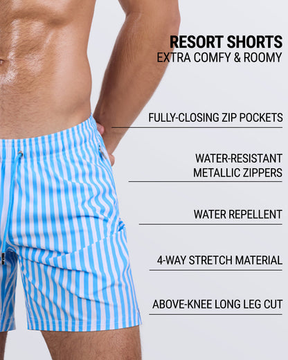 Detailed close-up of the FAST LINES (SKY BLUE) Resort Shorts by DC2 Miami, highlighting key features: roomy, above-the-knee leg cut, elastic waistband with an adjustable drawstring, fully-closing zip pockets, water-repellent fabric, metallic water-resistant zippers, and premium four-way stretch material.