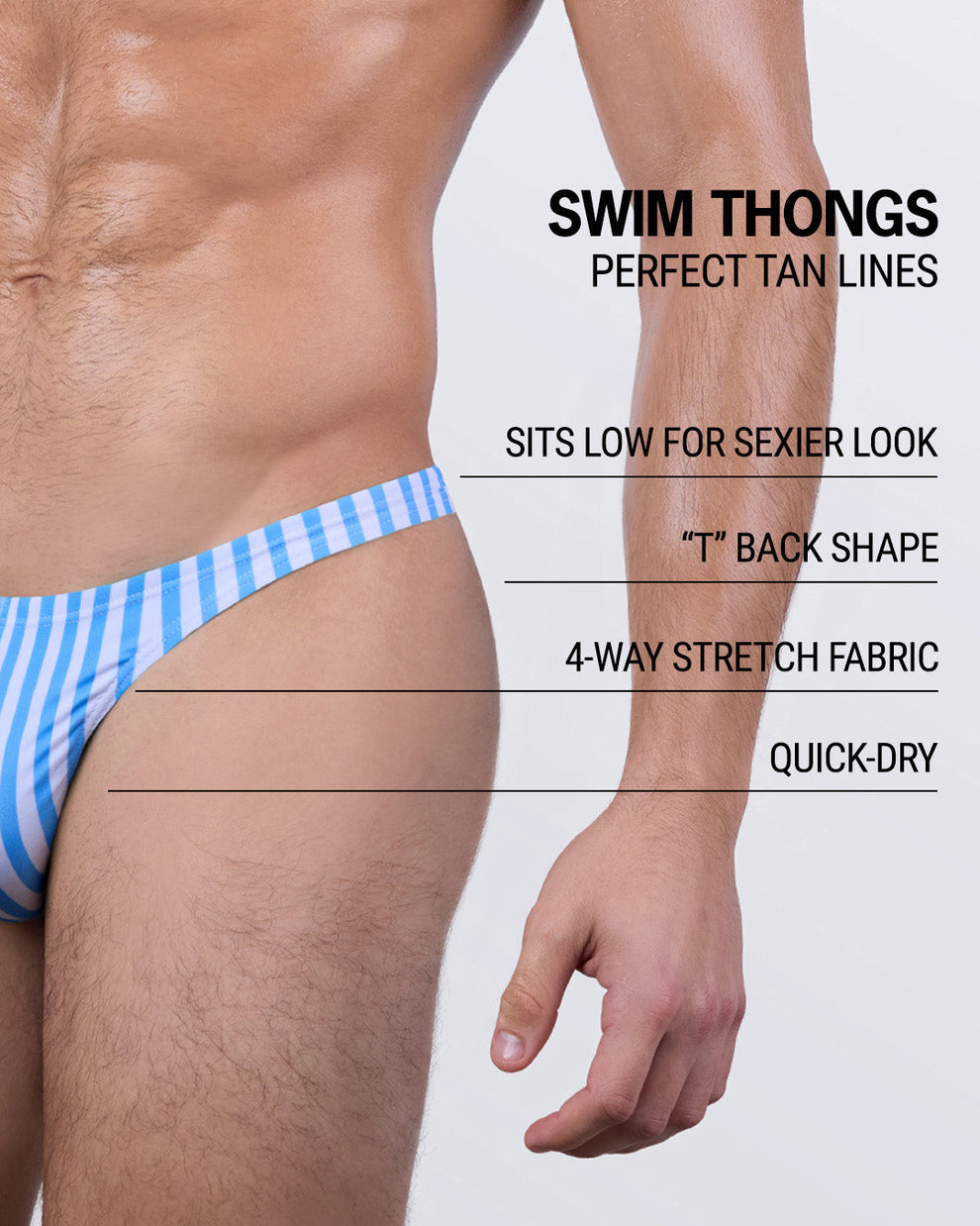 FAST LINES (SKY BLUE) men’s swim thong by DC2 BANG! Miami – sits low for a sexier look, with T-back shape, 4-way stretch fabric, and quick-dry performance for confident beachwear.