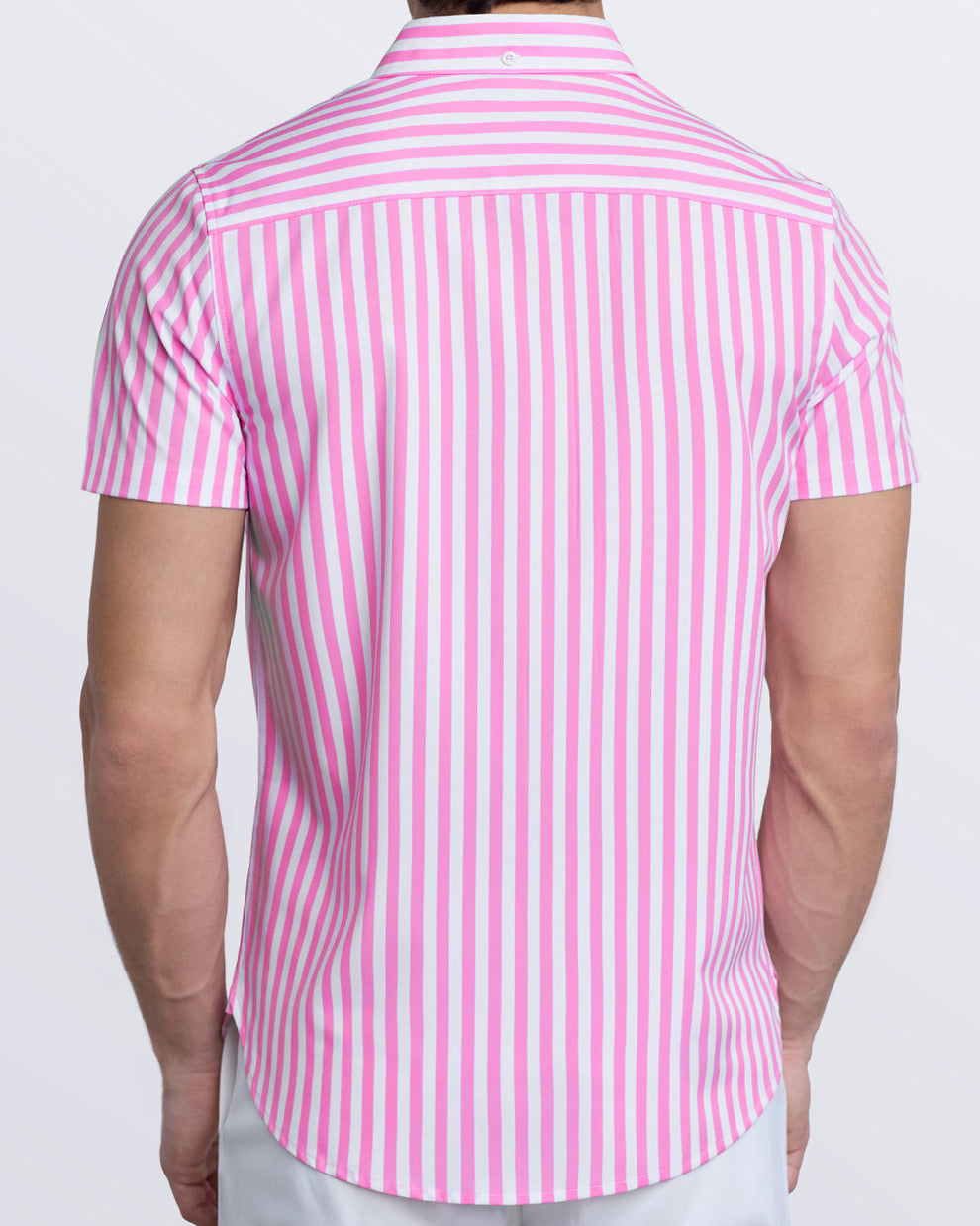 Back view of Chill Pink DC2 shirt with bold stripe pattern, contoured fit, and clean shoulder panel design.