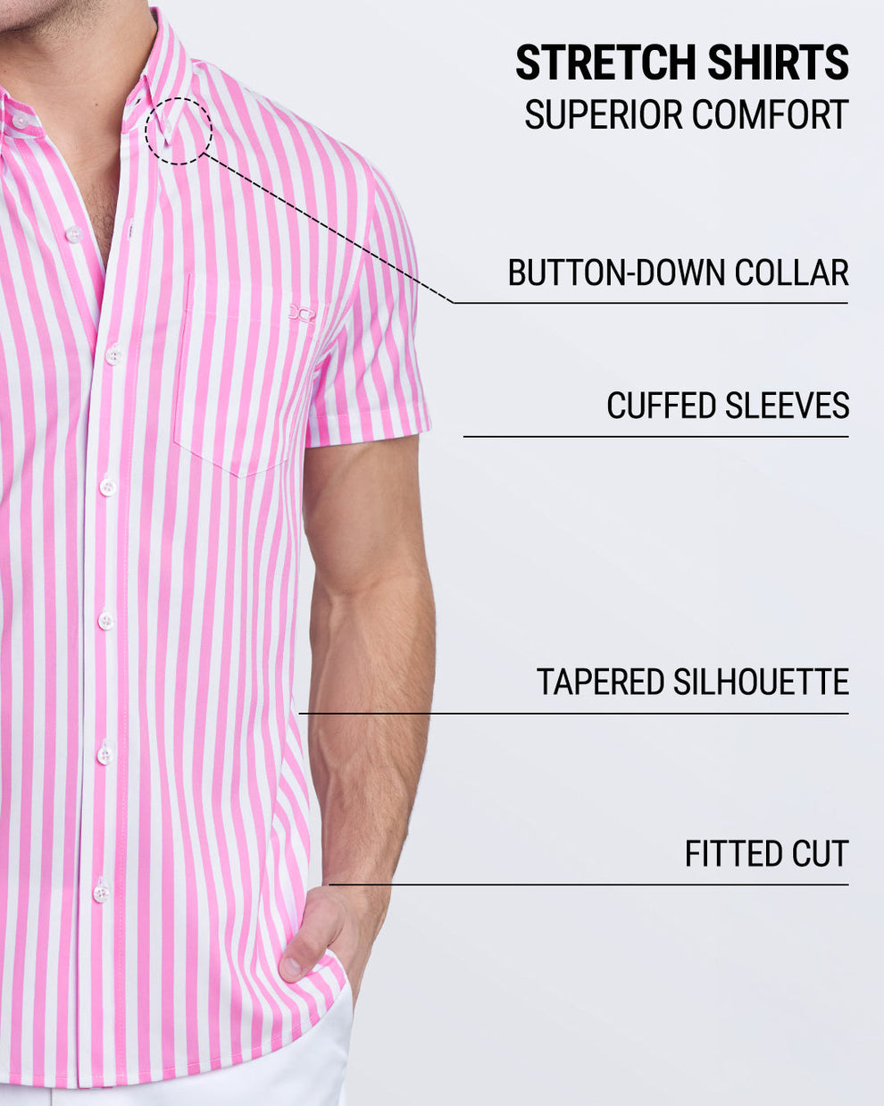 Chill Pink DC2 Stretch Shirt—highlighting cuffed sleeves, 4-way stretch, tapered silhouette, and comfort-focused fit.