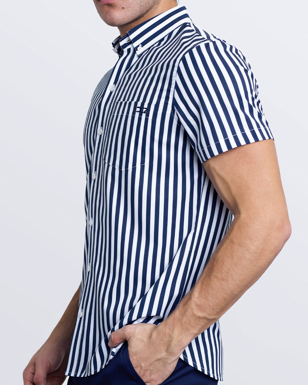 DC2 Stretch Shirt in Fast Lines Navy Blue—angled view showing vertical stripes and button-down collar.