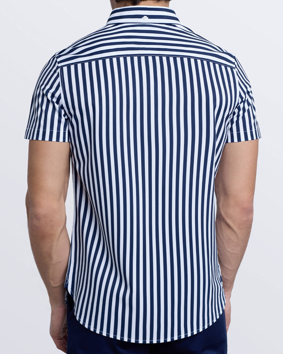 Back view of Fast Lines Navy Blue shirt featuring clean vertical stripe layout and contoured fit.