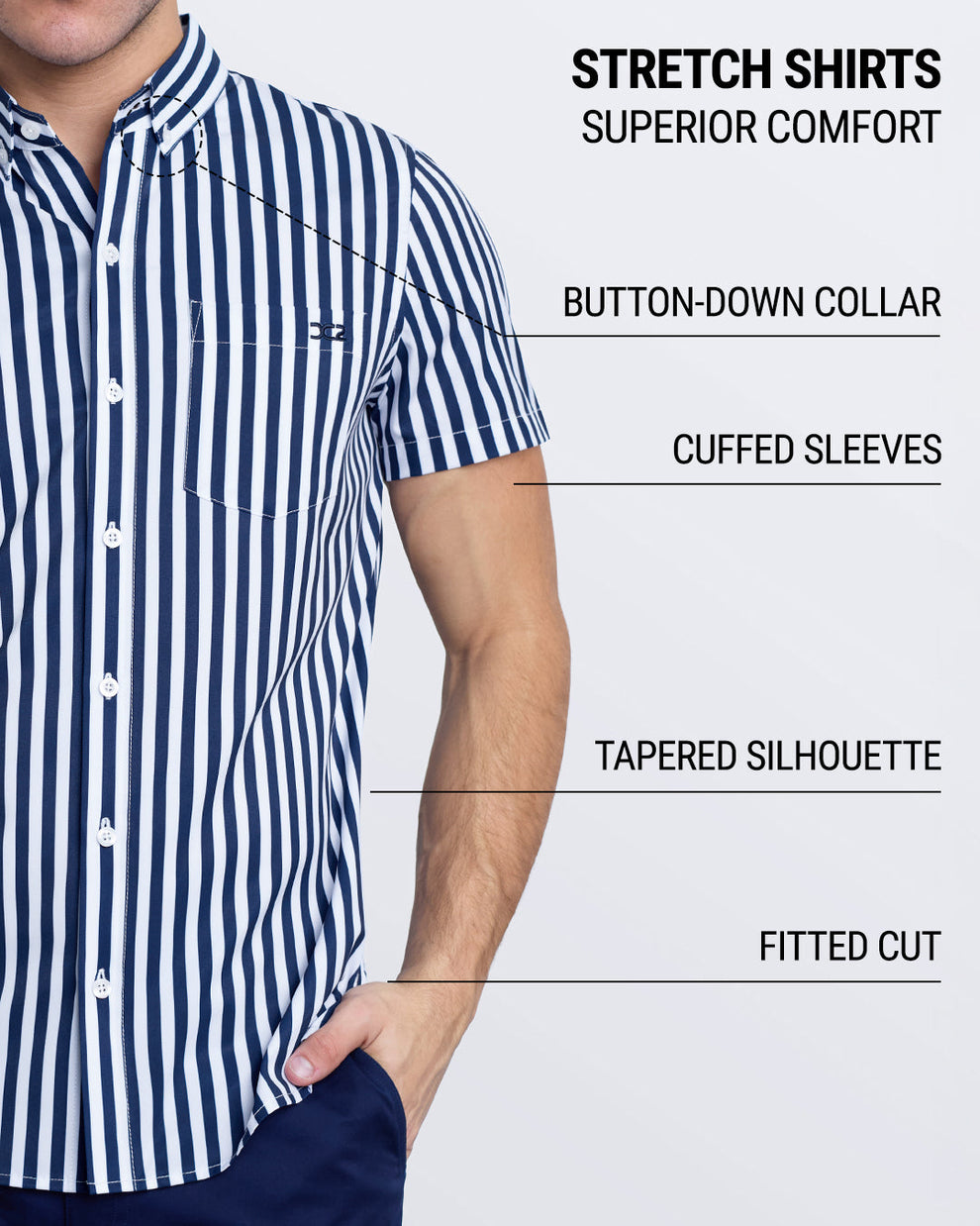 DC2 Fast Lines Navy Blue shirt—highlighting comfort stretch fabric, button collar, and modern cut.