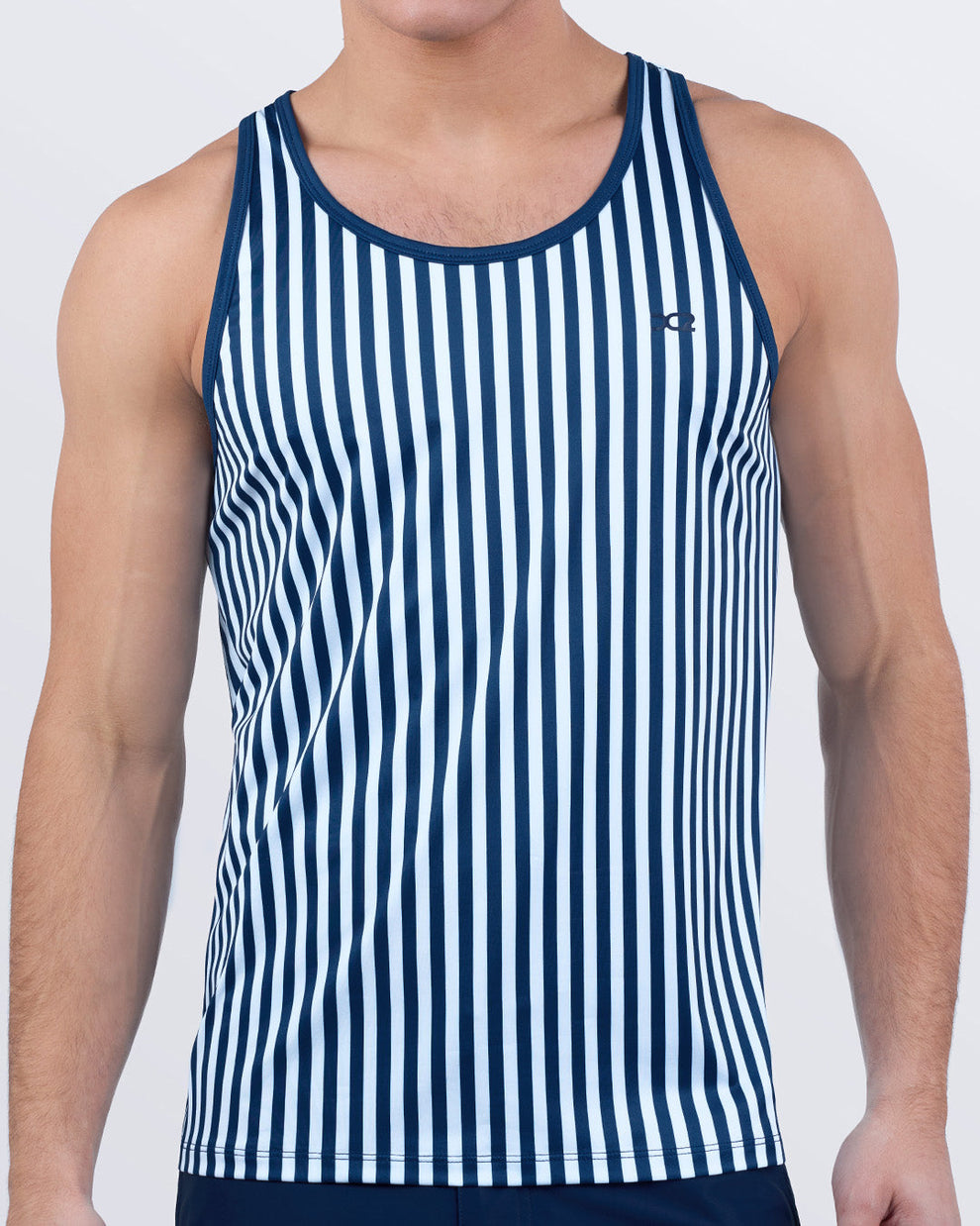 Men’s navy blue and white striped tank top – FAST LINES (NAVY BLUE) by DC2 Miami – breathable, quick-dry workout wear for gym and training