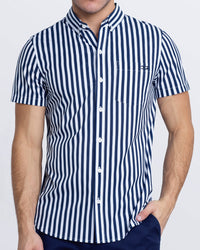 Front view of Fast Lines Navy Blue stretch shirt with chest pocket, tapered silhouette, and cuffed sleeves.
