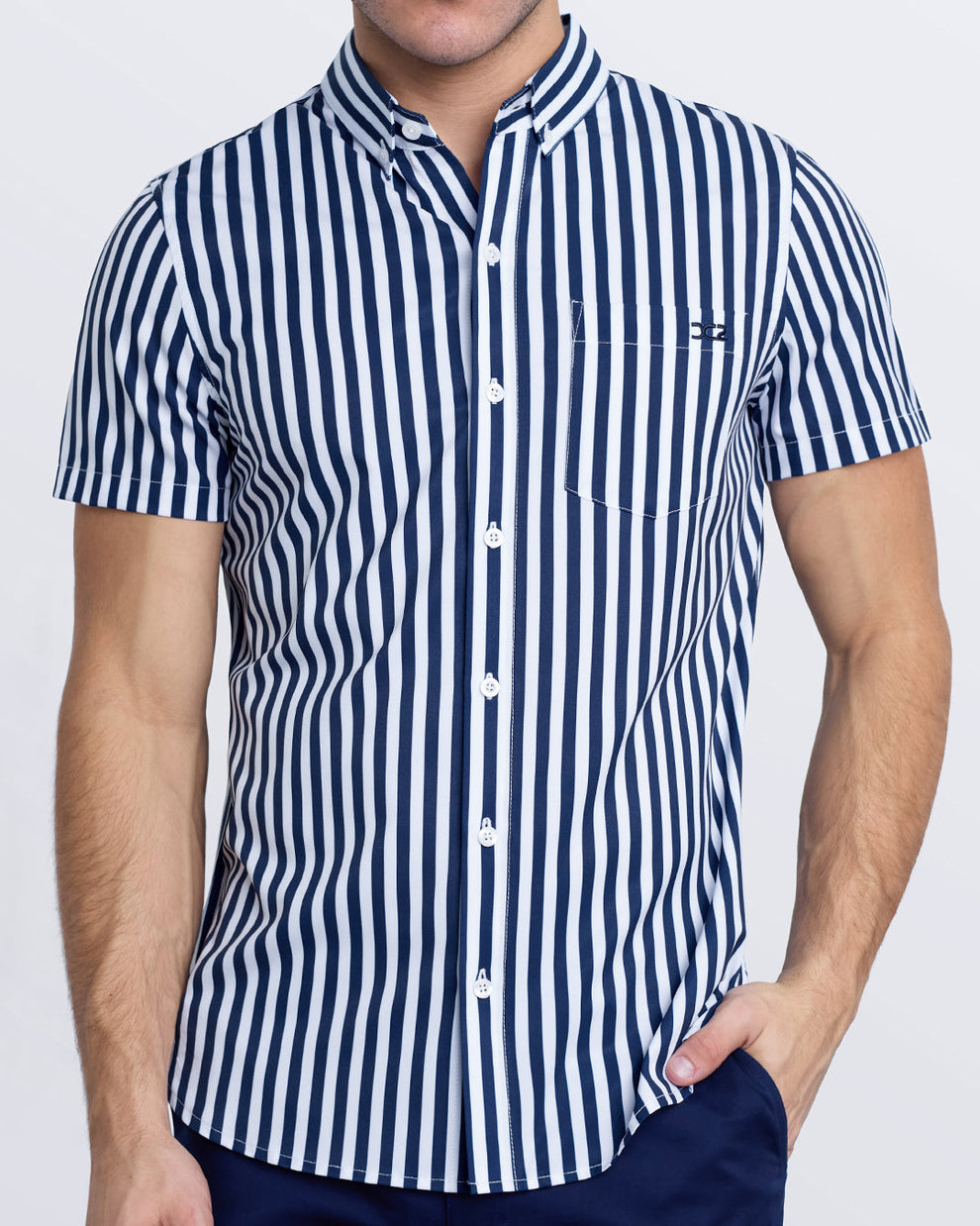 Front view of Fast Lines Navy Blue stretch shirt with chest pocket, tapered silhouette, and cuffed sleeves.