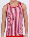 Men's red and white striped gym tank top – FAST LINES (RAPID RED) by DC2 Miami – lightweight, athletic fit, breathable fabric