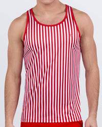 Men's red and white striped gym tank top – FAST LINES (RAPID RED) by DC2 Miami – lightweight, athletic fit, breathable fabric