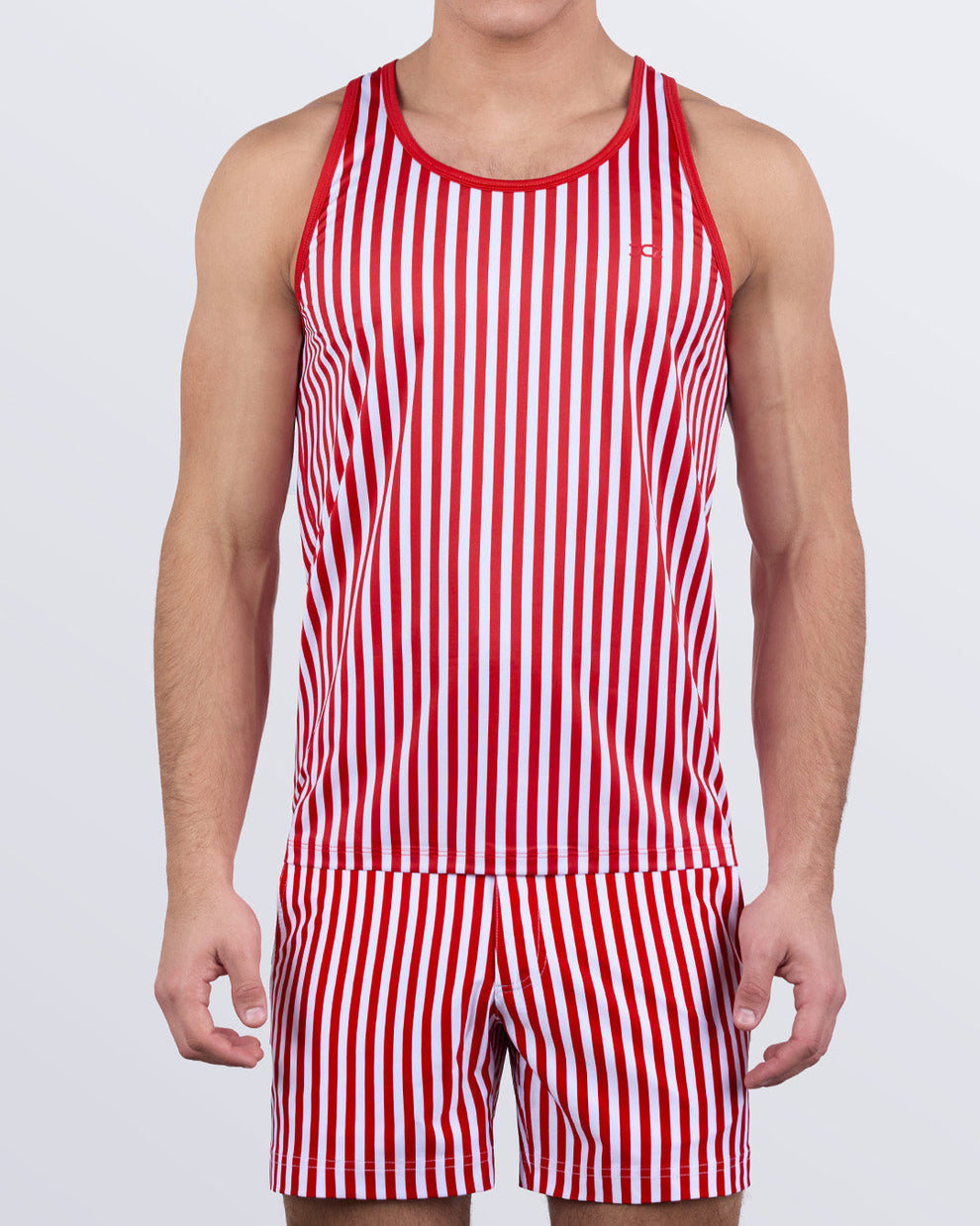 Matching red and white FAST LINES (RAPID RED) tank top and shorts set for men – DC2 Miami gym wear – ideal for workouts, CrossFit, and beach