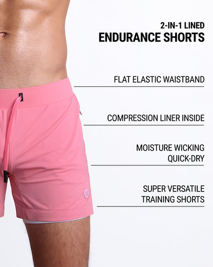 Infographic displaying the features of the men's fitness 2-in-1 Endurance Shorts. These gym shorts come with a flat elastic waistband and a compression liner inside, perfect for active sports such as crossfit, strength training, or running. The activewear shorts are made of moisture-wicking, quick-dry material, making them very versatile training shorts.