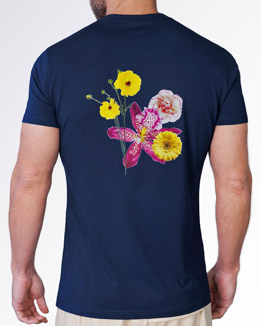 Flower Powers (Blue) Graphic T-Shirt by DC2 Miami with a colorful floral chest graphic on a navy cotton crewneck, styled for elevated casual resort wear.