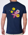 Flower Powers (Blue) Graphic T-Shirt by DC2 Miami with a colorful floral chest graphic on a navy cotton crewneck, styled for elevated casual resort wear.