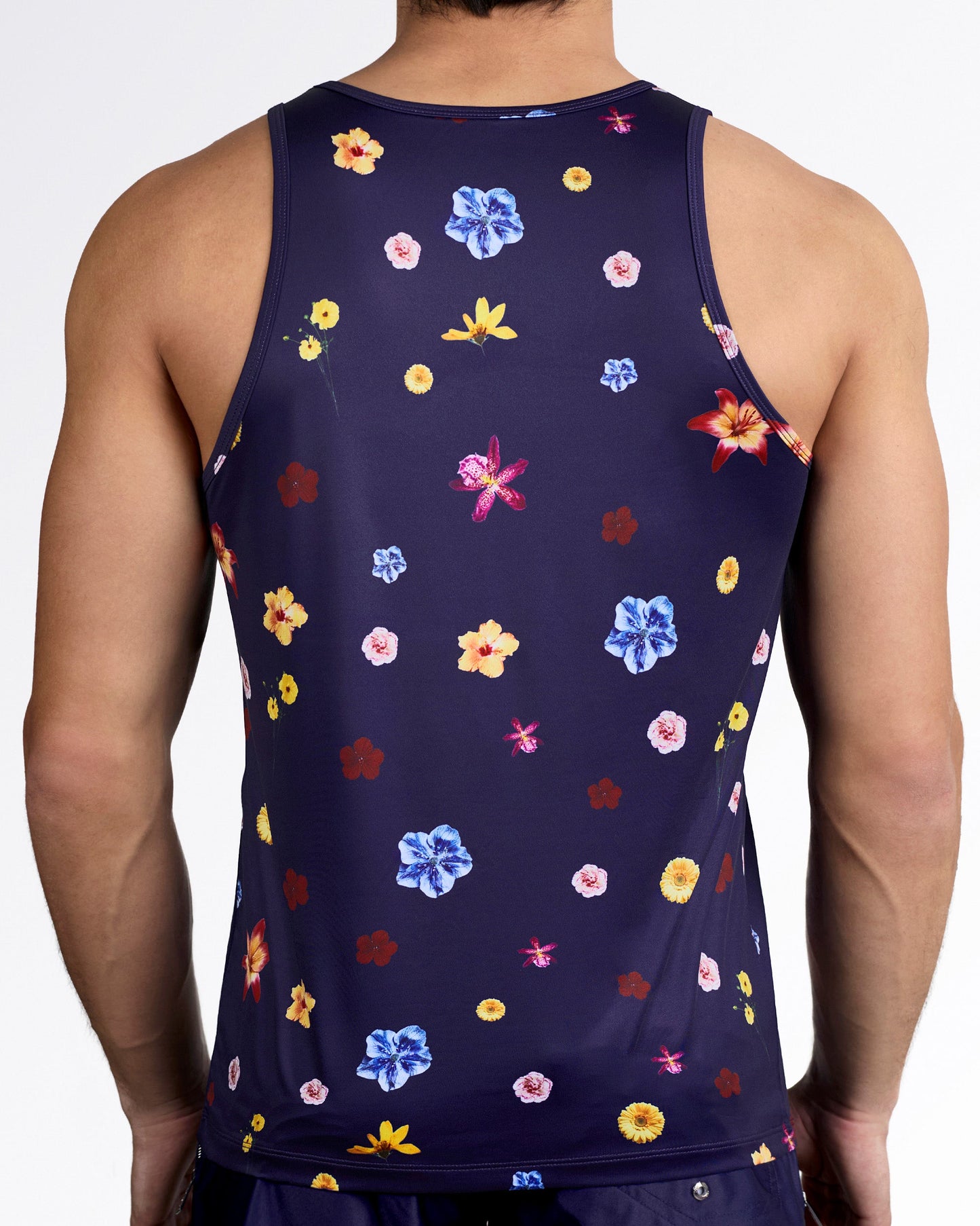 DC2 Flower Powers (Blue) Gym Tank Top — back view highlighting full floral coverage, athletic racerback cut, and lightweight stretch material.