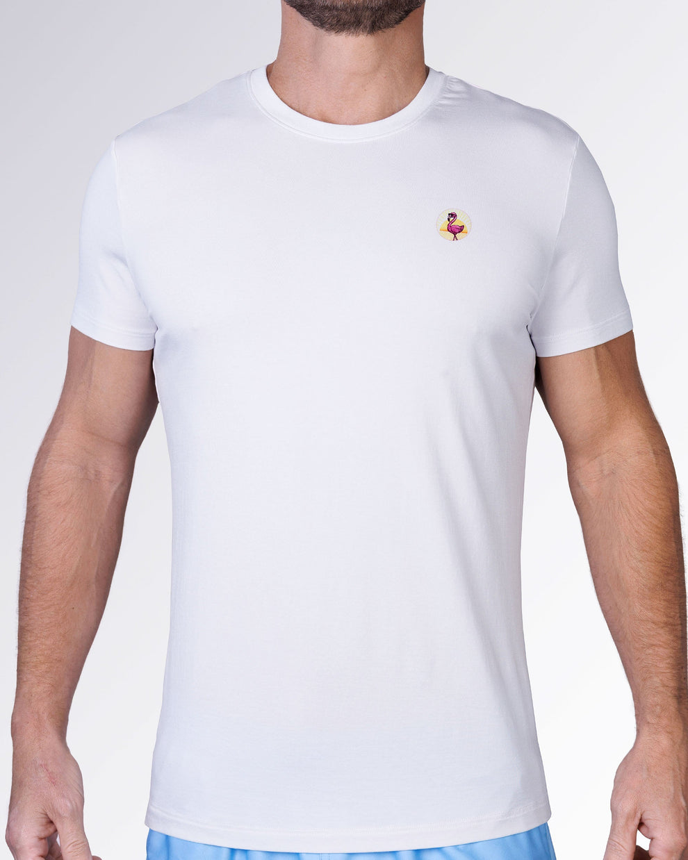 Front view of the Pink Flamingos Cotton Graphic T-Shirt by DC2 Miami with a minimal chest logo and classic white cotton fit.