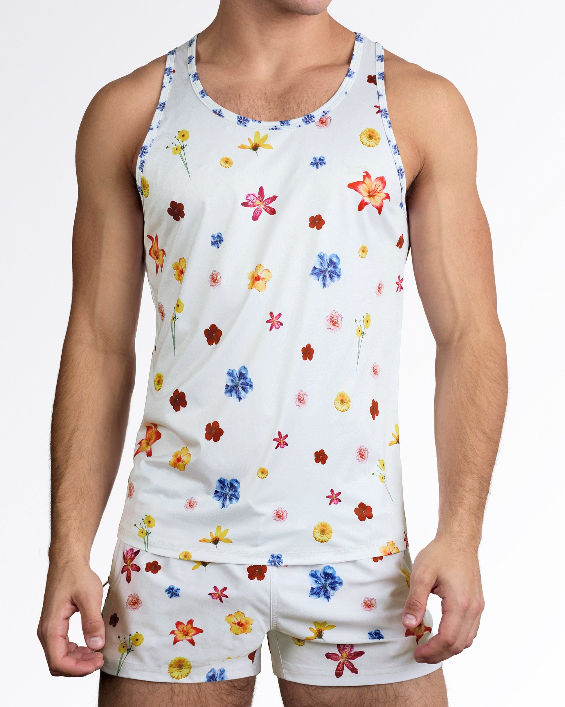 DC2 Flower Powers (Cream) Gym Tank Top — styled with matching floral shorts, showcasing coordinated men’s summer beachwear set.