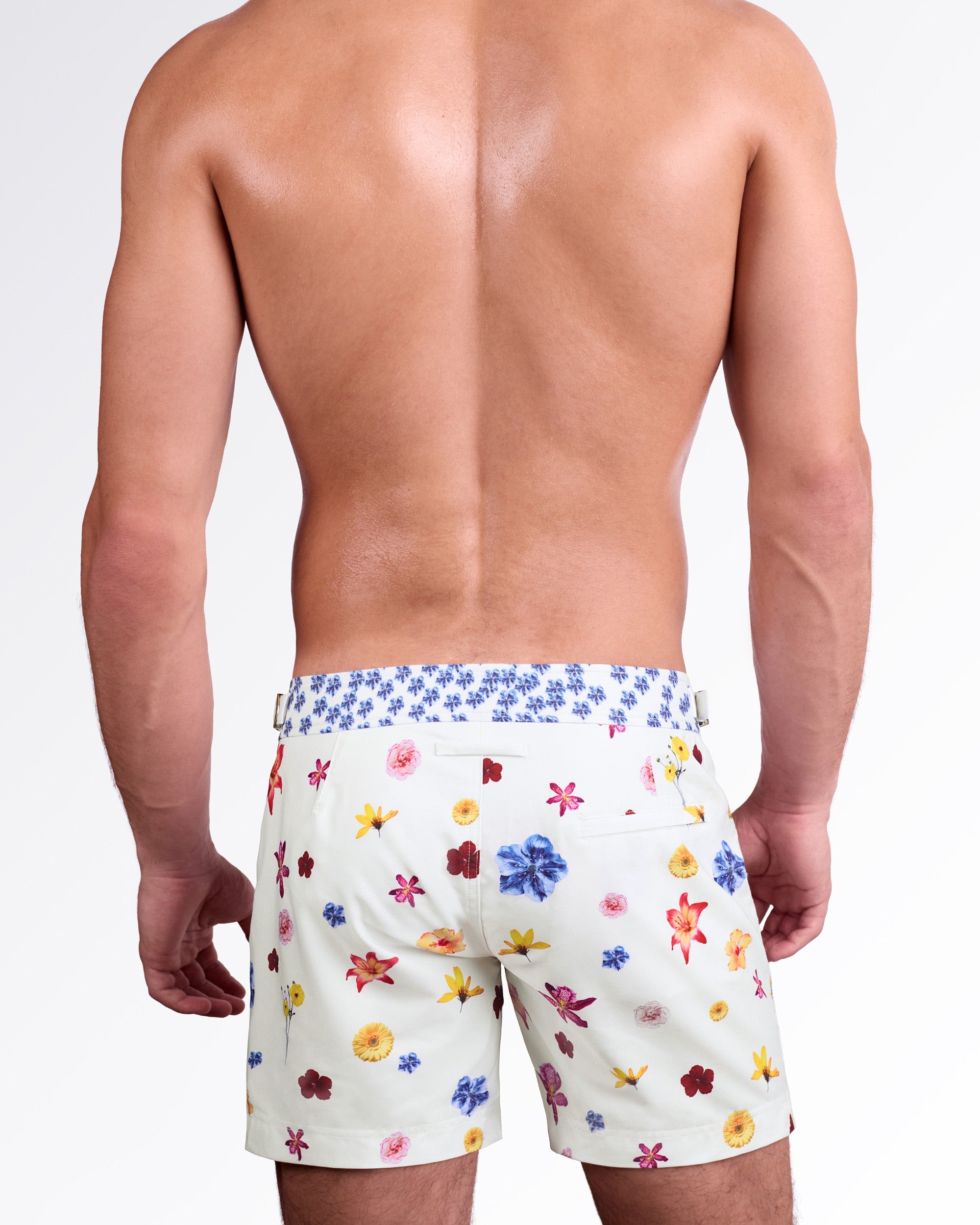 DC2 Miami Flower Powers (Cream) Tailored Shorts — back view highlighting tailored silhouette, rear welt pocket, and all-over floral pattern on smooth premium swim fabric.